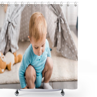 Personality  Cute Toddler Boy In Blue Bodysuit Sitting On Hunkers Near Grey Wigwam Shower Curtains
