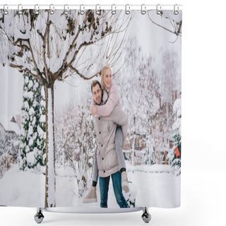 Personality  Playful Couple Spending Time In Snowy Park  Shower Curtains