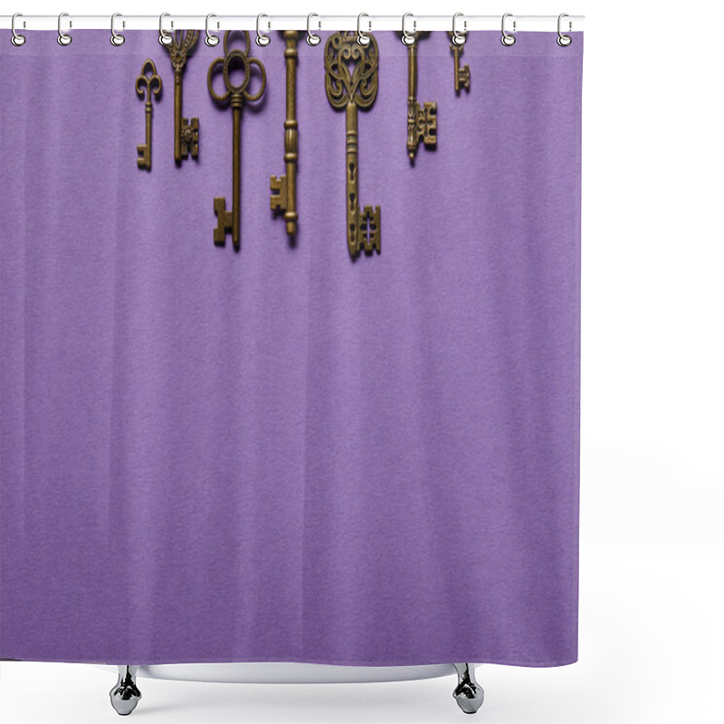 Personality  Top View Of Vintage Keys On Violet Background With Copy Space Shower Curtains