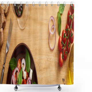 Personality  Top View Of Delicious Italian Vegetable Salad Panzanella Served On Plate On Wooden Table Near Fresh Ingredients And Red Wine, Panoramic Shot Shower Curtains
