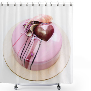 Personality  Minimalistic Pink Mousse Cake With Coated With Mirror Glaze On A White Background. Chocolate Heart, Chocolate Swirl And Dry Heather Decor. Shower Curtains