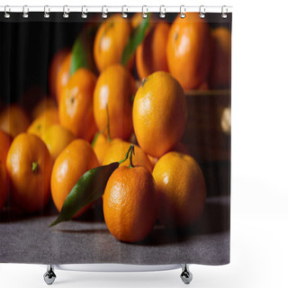 Personality  Selective Focus Of Tasty Orange Tangerines With Green Leaves Shower Curtains