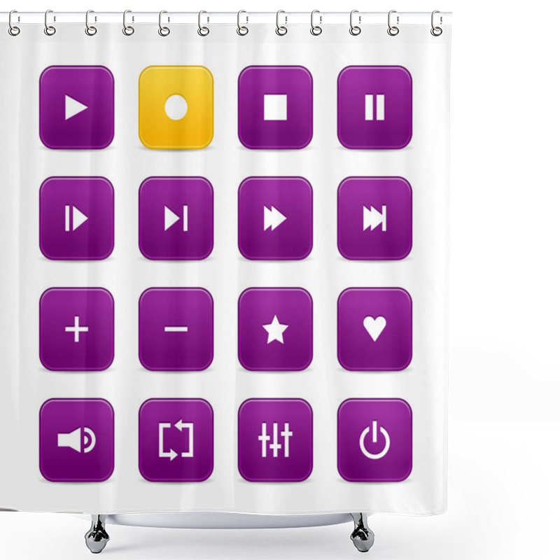 Personality  Violet And Yellow 16 Media Control Web 2.0 Buttons. Rounded Square With Shadow On White Background Shower Curtains
