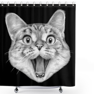 Personality  Monochrome Portrait Of A Happy Cat On A Black Background. Drawing With Watercolor Pencils Shower Curtains