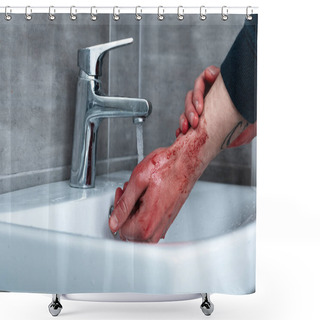 Personality  Partial View Of Man Washing Bleeding Hands In Sink Shower Curtains