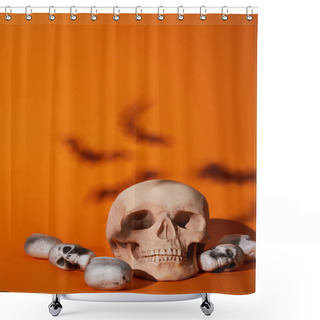 Personality  Skulls With Bats Shadow On Orange Background, Halloween Decoration Shower Curtains