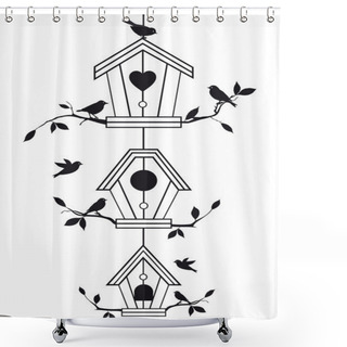 Personality  Birdhouses With Tree Branches, Vector Shower Curtains