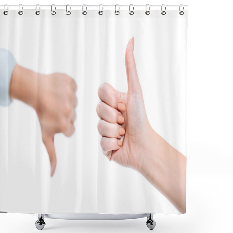 Personality  Selective Focus Of Woman And Man Showing Thumb Up And Thumb Down Isolated On White Shower Curtains