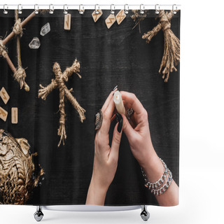 Personality  Top View Of Woman Holding Burning Candle Near Voodoo Dolls, Runes, Crystals And Skull On Black  Shower Curtains