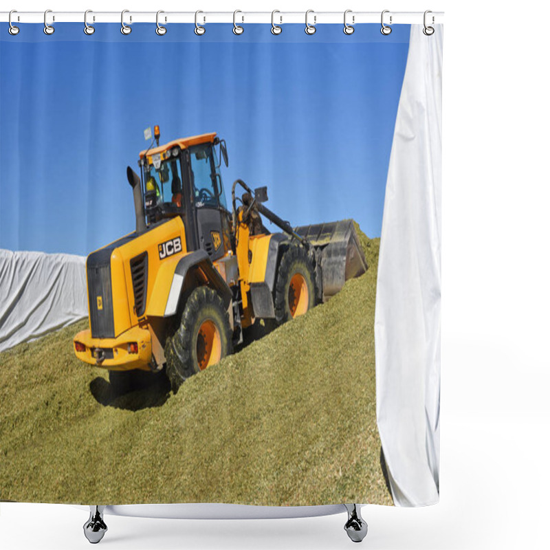 Personality  Kalush, Ukraine September 14, 2017: Ramming Of Corn Silage In The Silo Trench On A Dairy Farm Near The Town Of Kalush, Western Ukraine. Shower Curtains