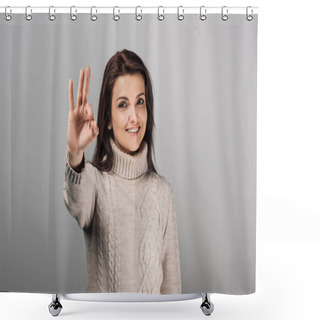 Personality  Cheerful Woman In Sweater Showing Ok Sign Isolate Don Grey  Shower Curtains