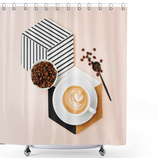 Personality  Coffee With Milk And Coffee Beans On Pink Background Shower Curtains