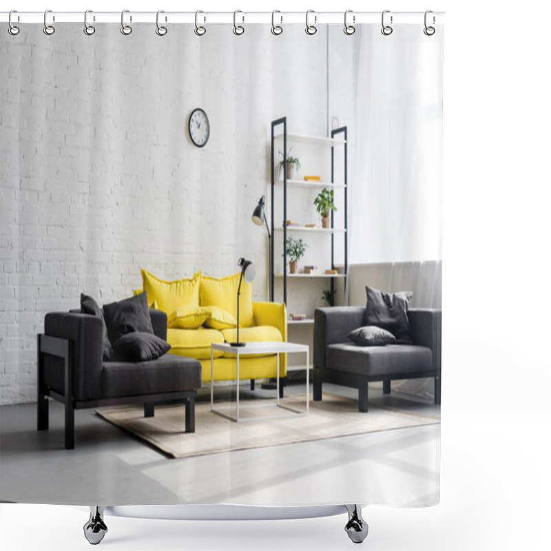 Personality  Interior Of Stylish Living Room With White Walls Shower Curtains