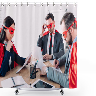 Personality  Pensive Super Businesspeople In Masks And Capes Working In Office Shower Curtains