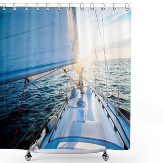 Personality  Sailing At Sunset. A View From The Yacht's Deck To The Bow And Sails. Close-up. Baltic Sea, Latvia Shower Curtains