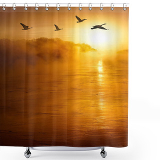 Personality  Flying Birds Across The River Vertical Image Shower Curtains