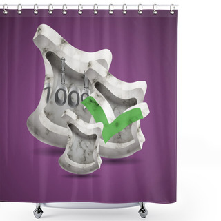 Personality  Circular Shaped 3D Text ( Old, Dirty White)a Nd A Green Check Mark. On Violete Background. Shower Curtains