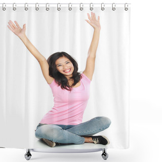 Personality  Happy Young Woman In Casual Wear Sitting With Raised Arms Smilin Shower Curtains