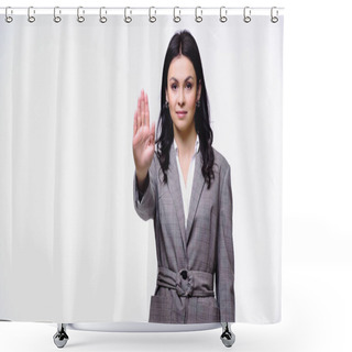 Personality  Businesswoman Showing Stop Gesture Isolated On White  Shower Curtains