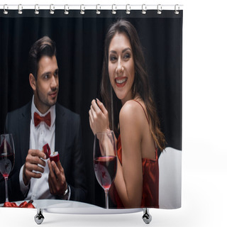 Personality  Smiling Woman Looking Away By Handsome Man With Jewelry Ring At Served Table Isolated On Black Shower Curtains