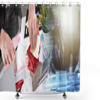 Personality  Disorganized Businessman Looking For Documents On His Messy Desk; Multiple Exposure Shower Curtains