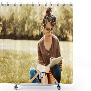 Personality  Girl On Nature Writing  Shower Curtains