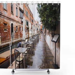 Personality  VENICE, ITALY - SEPTEMBER 24, 2019: Outdoor Cafe With View At Canal And Ancient Buildings In Venice, Italy  Shower Curtains