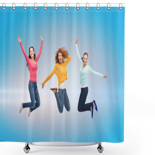 Personality  Smiling Young Women Jumping In Air Shower Curtains