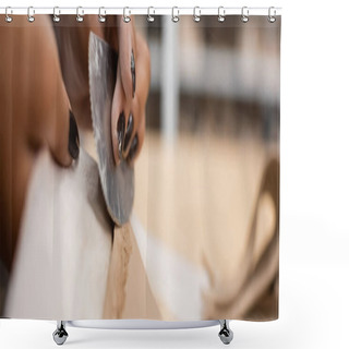 Personality  Cropped View Of African American Woman Holding Steel Scraper While Modeling Clay Piece, Banner Shower Curtains