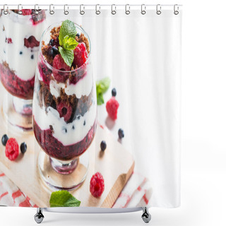 Personality  Layered Dessert With Sour Cream, Chocolate Bisquit, Jam And Fresh Berries In Glass Jar. Shower Curtains