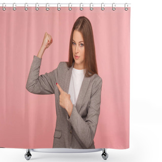 Personality  Portrait Of Ambitious Self-confident Young Woman In Business Suit Raising Hands Proudly Pointing At Biceps, Feeling Power, Female Strength, Rights And Feminism Concept. Indoor Studio Shot, Isolated Shower Curtains
