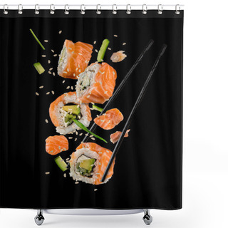 Personality  Sushi Pieces Placed Between Chopsticks On Black Background Shower Curtains