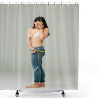Personality  Shocked And Overweight Asian Girl In Bra Measuring Hips And Covering Face On Grey  Shower Curtains