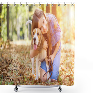 Personality  Cheerful Kid Hugging A Dog Shower Curtains