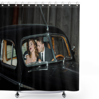 Personality  Handsome Gangster Sitting In Retro Car With Woman  Shower Curtains