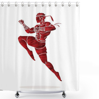 Personality  Muay Thai Fighting , Thai Boxing Jumping To Attack Cartoon Graphic Vector  Shower Curtains