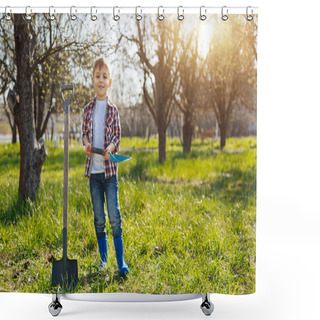 Personality  Happy Little Kid Posing For Picture In Garden Shower Curtains