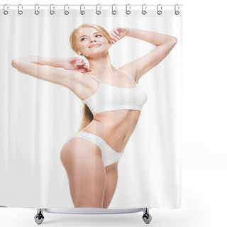 Personality  Beautiful Happy Young Woman In White Underwear Smiling And Looking Away Isolated On White Shower Curtains