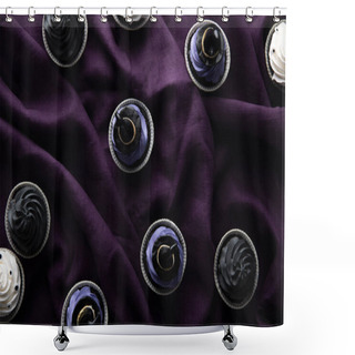 Personality  Top View Of Delicious Halloween Cupcakes On Purple Cloth Shower Curtains
