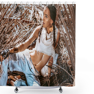 Personality  Beautiful Young Stylish Woman At Dry Palm Leaves Backgground Shower Curtains