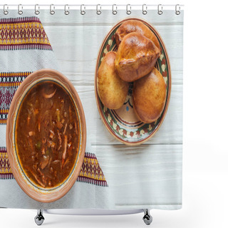 Personality  Delicious Traditional Mixed Meat Soup With Mini Pies And Embroidered Towel On White Wooden Background Shower Curtains