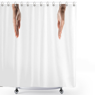 Personality  Cropped View Of Woman With Raising Hands Isolated On White  Shower Curtains