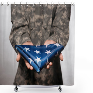 Personality  Partial View Of Soldier In Military Uniform Showing Folded Flag In Hands, Americas Independence Day Concept Shower Curtains