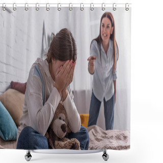 Personality  Teenage Girl Covering Face Near Angry Mother On Blurred Background  Shower Curtains