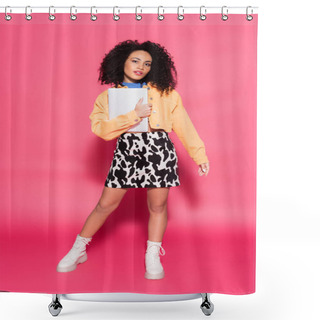 Personality  Full Length Of Curly African American Woman Posing With Laptop On Pink  Shower Curtains