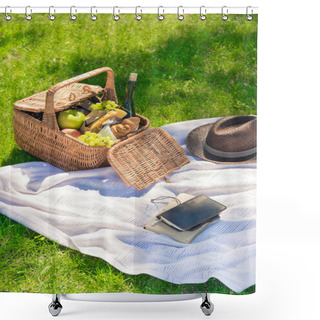 Personality  Picnic Basket And Notebook With Pencil  Shower Curtains