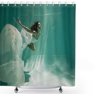 Personality  Brunette Young Woman In Dress Swimming In Pool With Blue Water  Shower Curtains