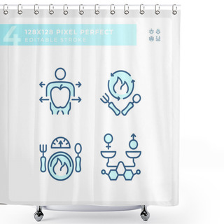 Personality  2D Pixel Perfect Blue Icons Collection Representing Metabolic Health, Editable Thin Line Illustration. Shower Curtains