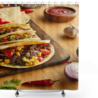 Personality  Delicious Tacos With Meat And Vegetables On Wooden Table Shower Curtains