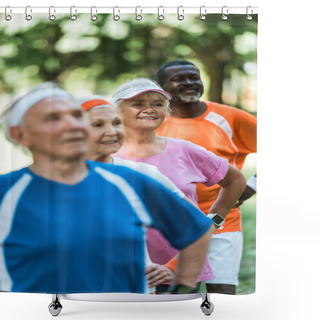 Personality  Selective Focus Of Cheerful Retired African American Man Standing With Hands On Hips With Pensioners In Sportswear  Shower Curtains